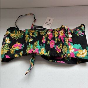 Express Black Floral Smocked Bandeau Top with Pink & Yellow Accents